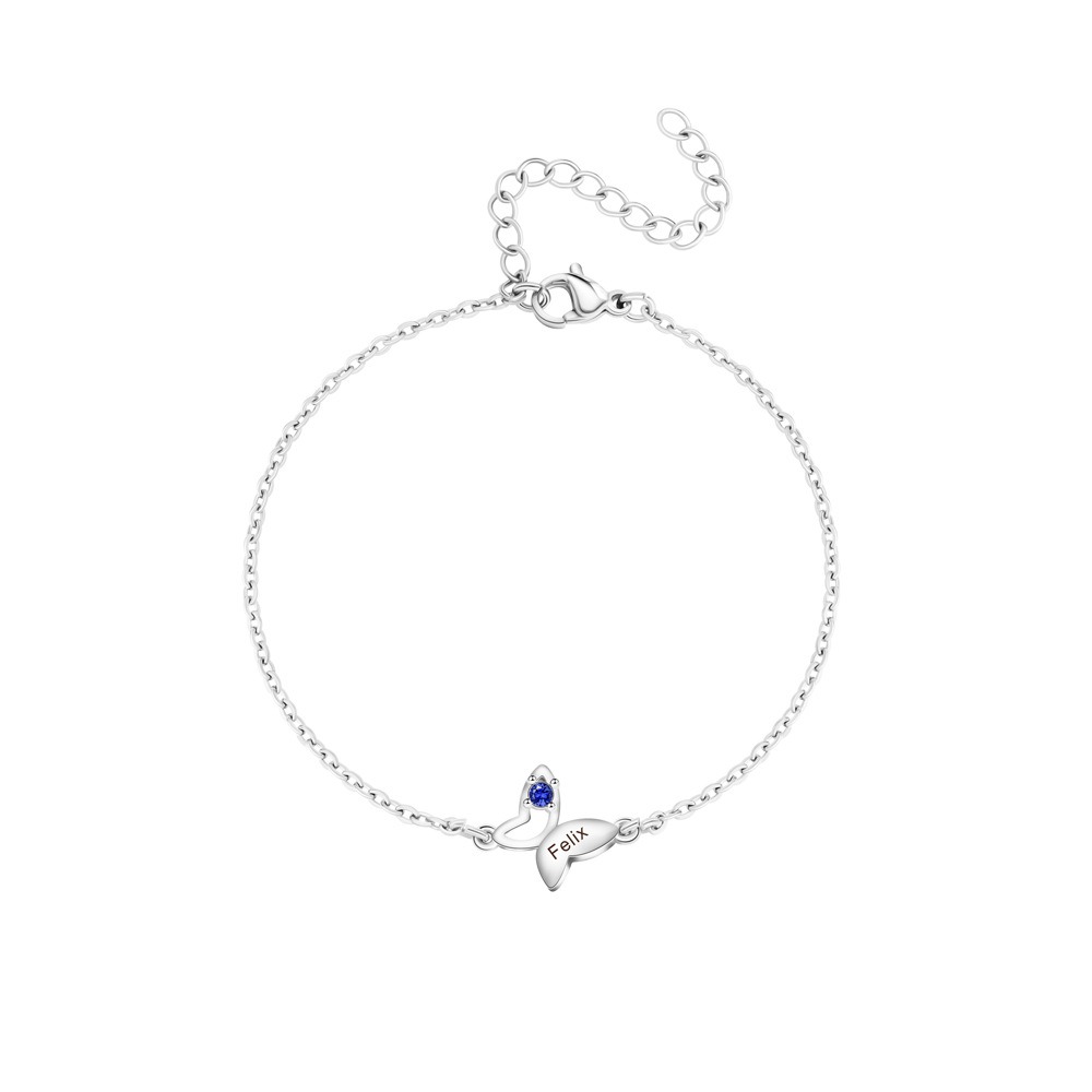 Butterfly bracelet with an engraved name and birthstone accent in gold tone — Silver Tone