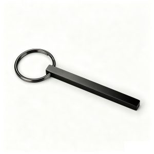 Polished stainless steel bar keychain engraved with a name and set with a single birthstone — Black Tone