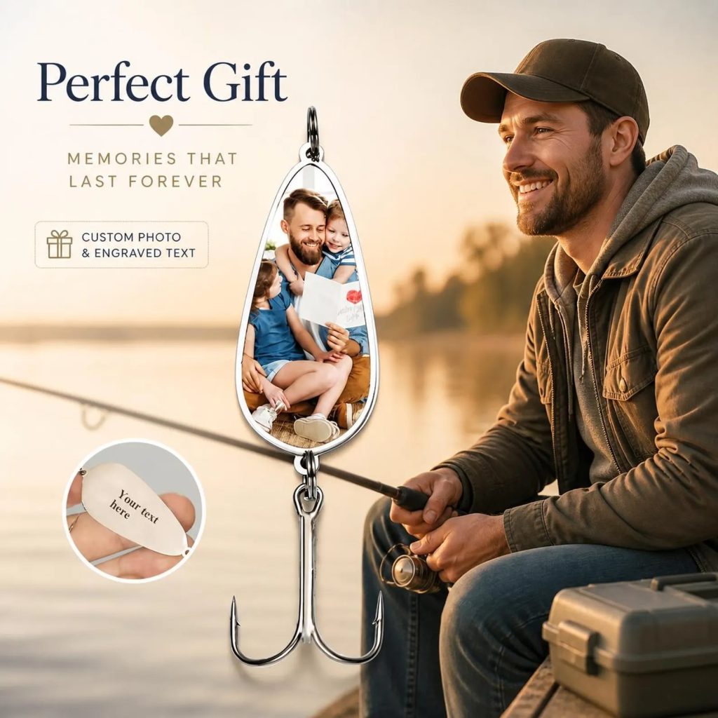 Stainless steel photo fishing hook pendant with custom photo frame and optional engraved back