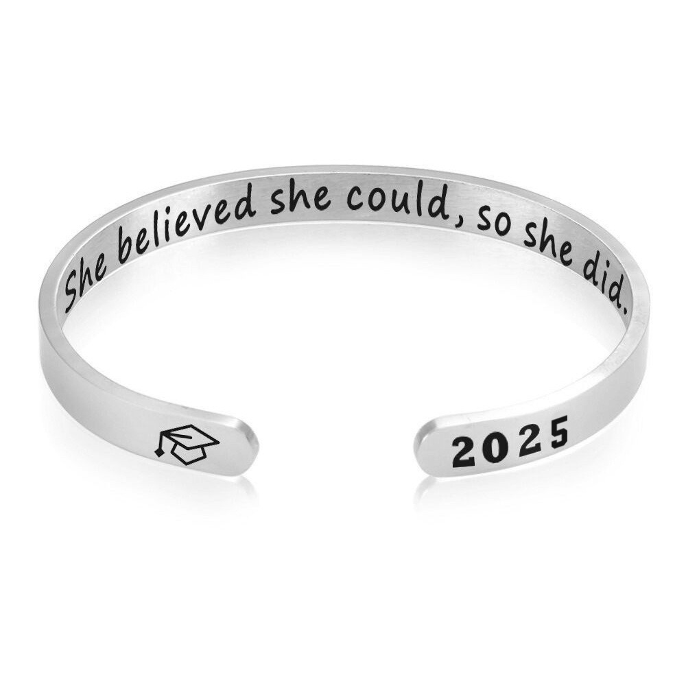 Stainless steel open cuff bracelet engraved with a name and a single birthstone