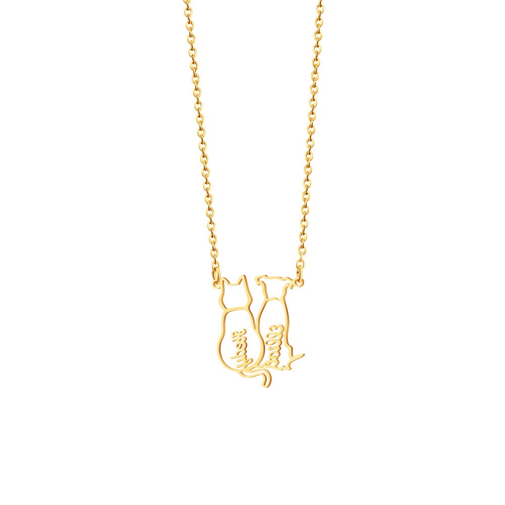 Engraved stainless steel pet name necklace with a small birthstone accent
