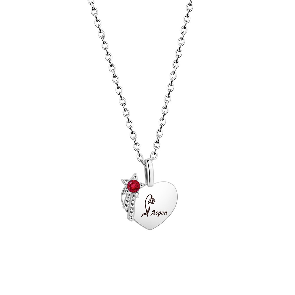 Stainless steel name necklace with a cubic zirconia birthstone flower pendant — Silver Tone