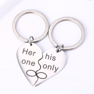Pair of stainless steel heart keychains engraved with two names and set with birthstones
