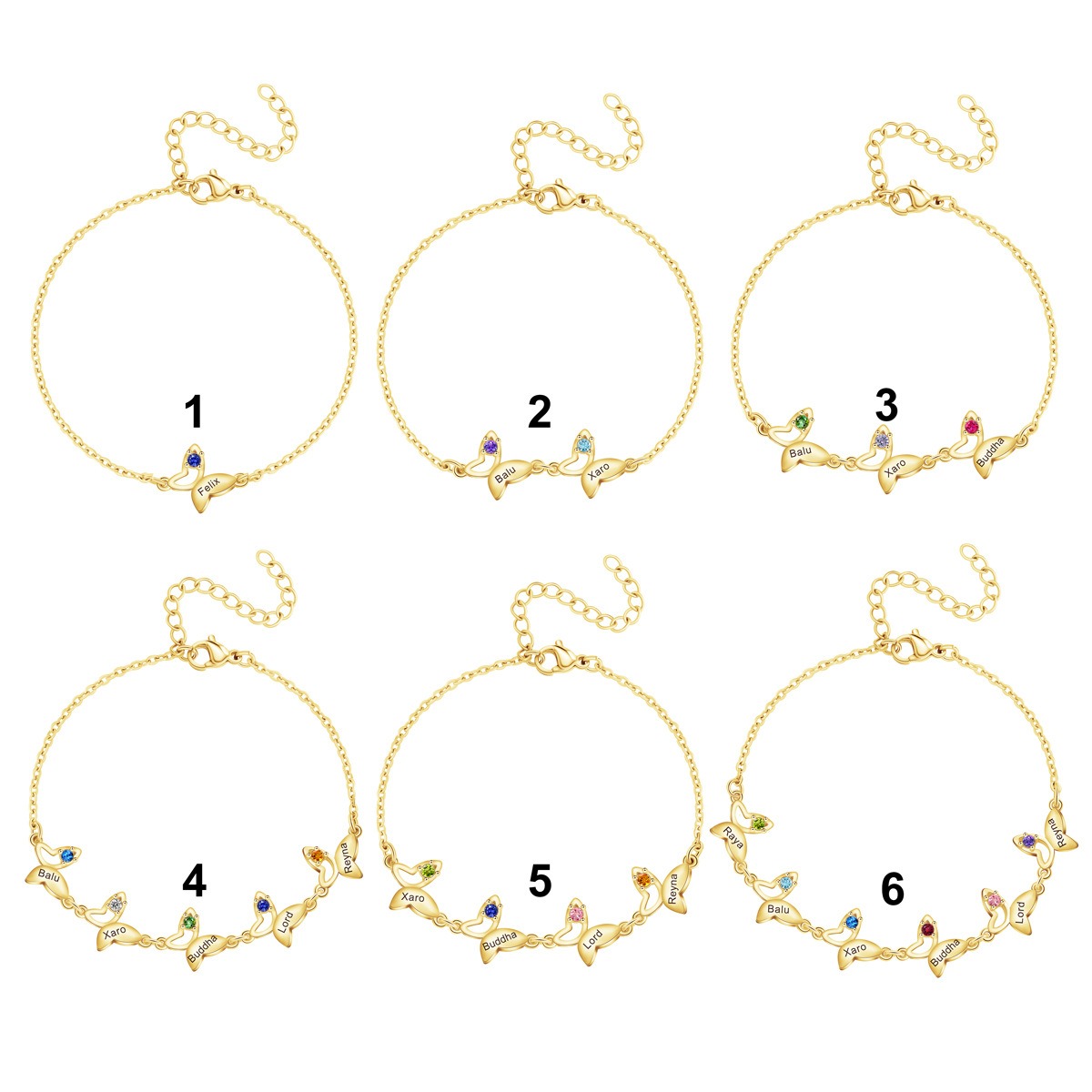 Butterfly bracelet with an engraved name and birthstone accent in gold tone