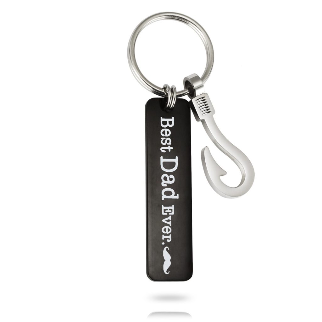 Stainless steel fish hook keychain with a black engraved pendant and birthstone charm