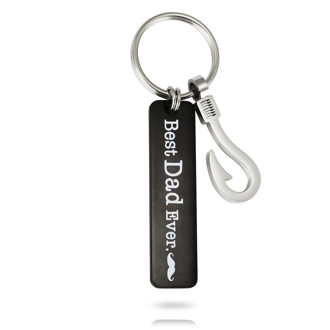 Stainless steel fish hook keychain with a black engraved pendant and birthstone charm