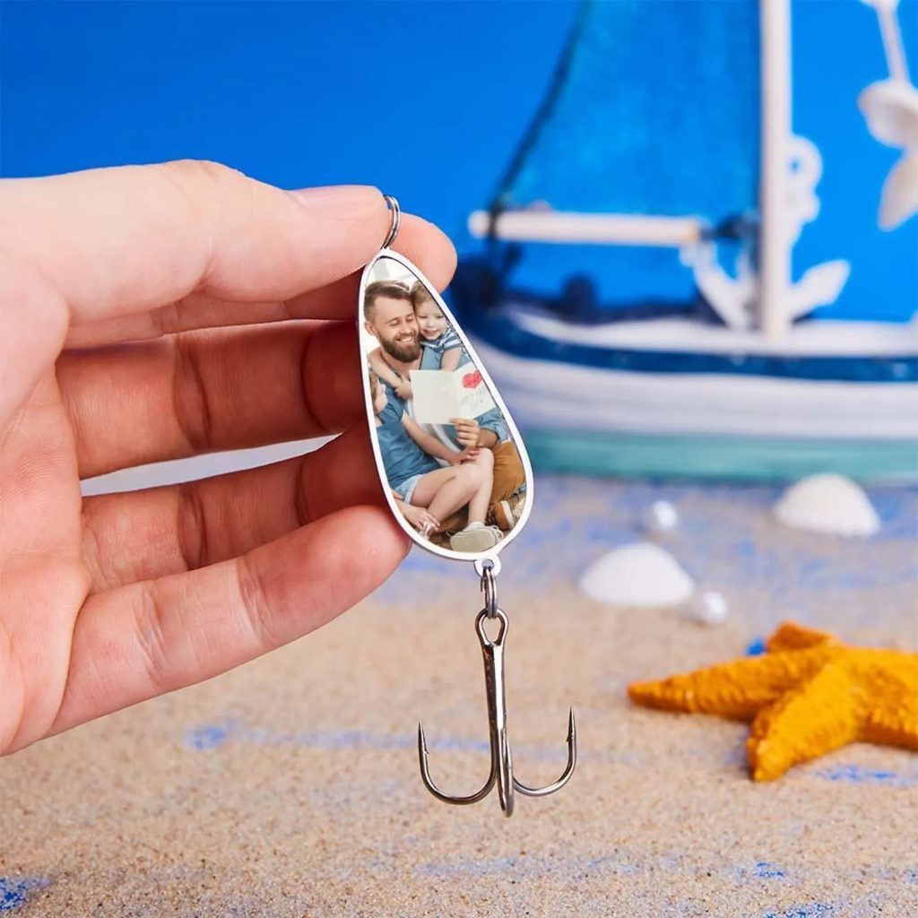Stainless steel photo fishing hook pendant with custom photo frame and optional engraved back