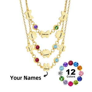 Paw print pendant necklace with engraved names and a birthstone accent