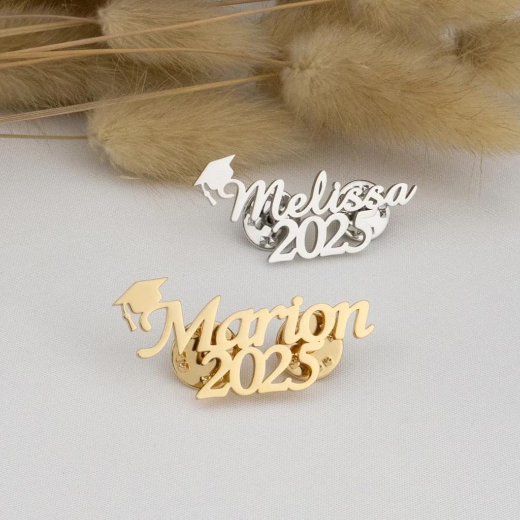 Stainless steel graduation cap brooch with custom name engraving and a birthstone accent