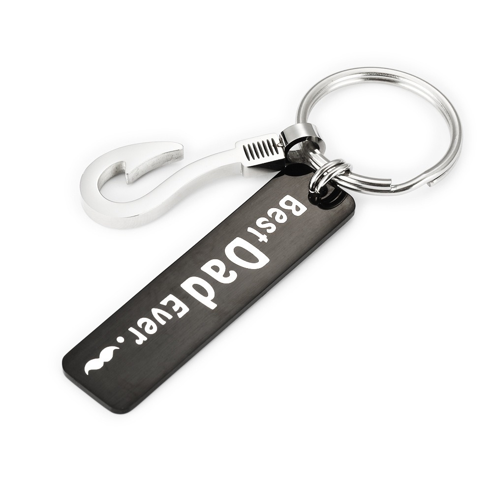 Stainless steel fish hook keychain with a black engraved pendant and birthstone charm