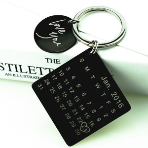 Engraved stainless steel keychain with a birthstone and a heart accent — Black Tone, 40MM