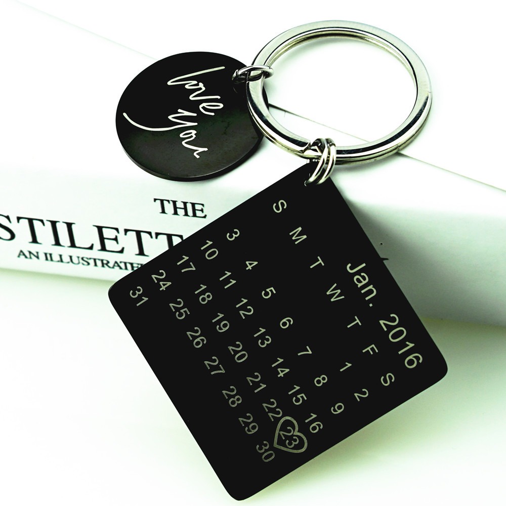 Engraved stainless steel keychain with a birthstone and a heart accent — Black Tone, 40MM