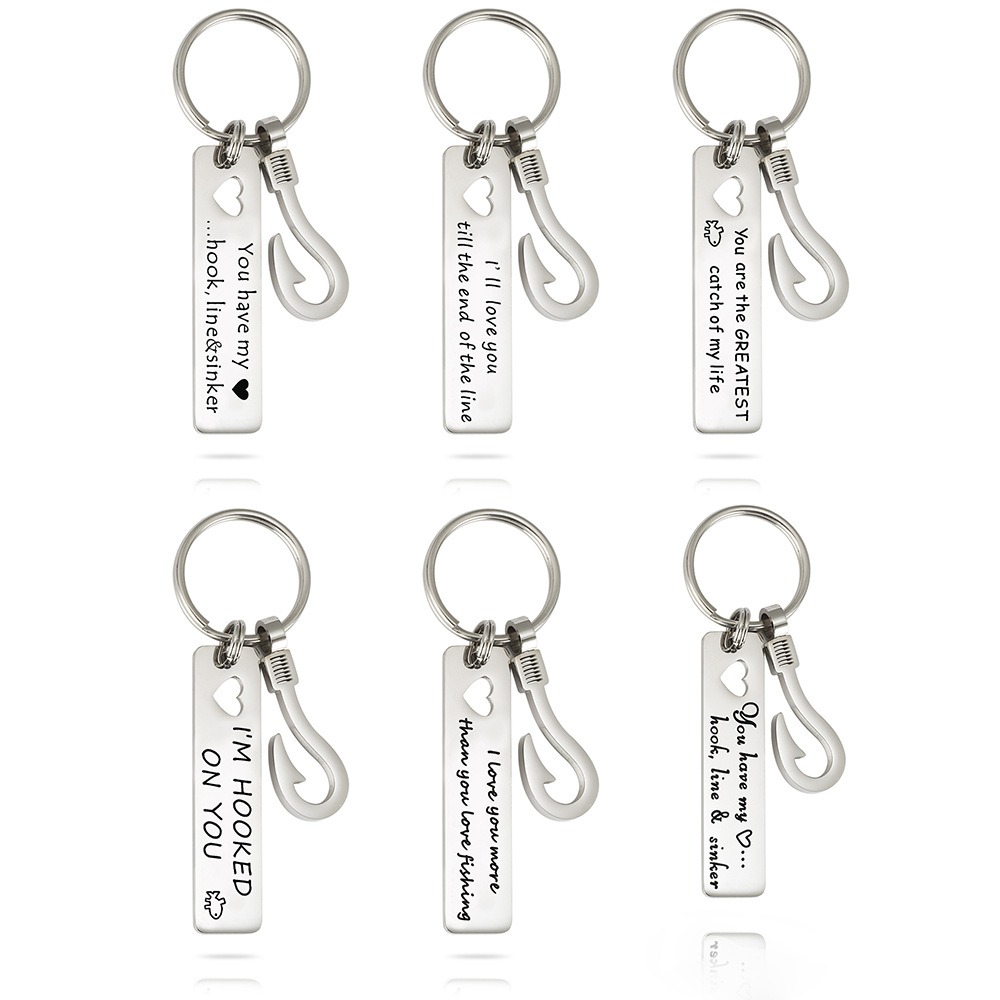 Stainless steel fish hook keychain with a rectangular hollow heart and an engraved name