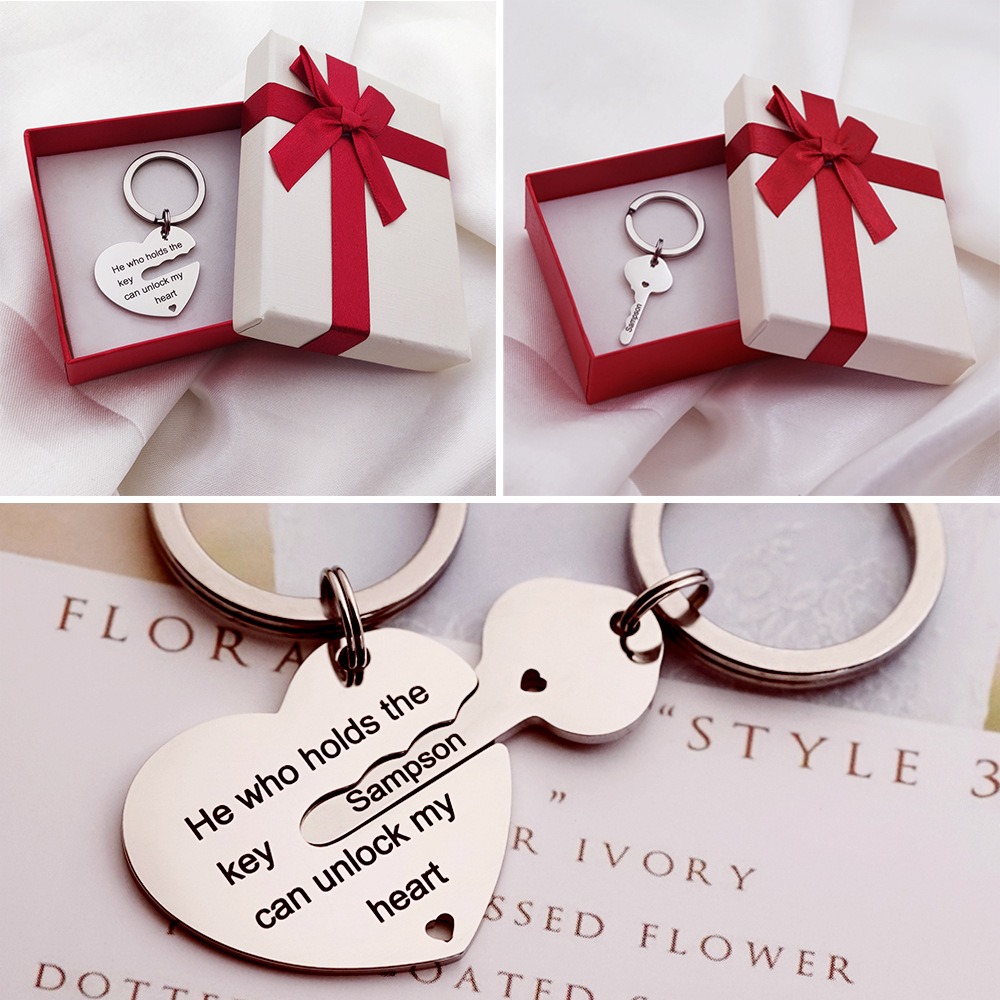 Stainless steel heart lock couple keychain with two engraved names and birthstone accents