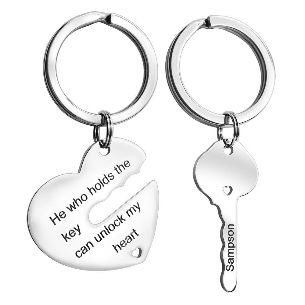 Stainless steel heart lock couple keychain with two engraved names and birthstone accents