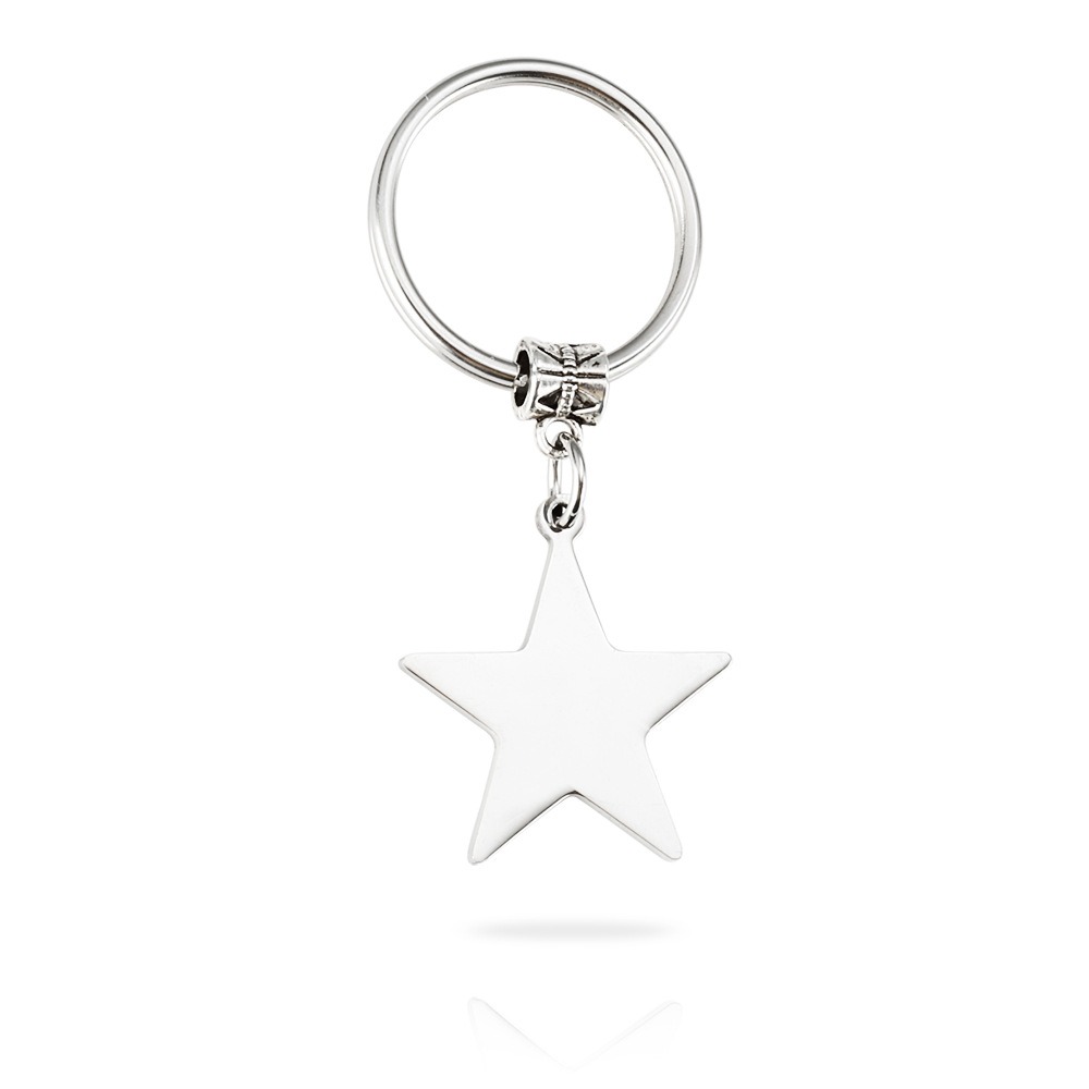 Stainless steel star keychain engraved with a name, shown in gold-tone and steel-tone finishes