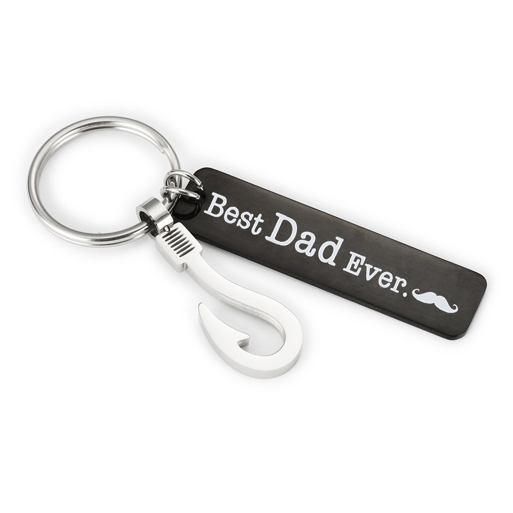 Stainless steel fish hook keychain with a black engraved pendant and birthstone charm