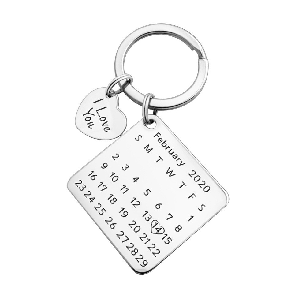 Engraved stainless steel keychain with a birthstone and a heart accent — Silver Tone, 30MM