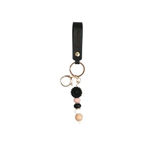 Personalized pink leather keychain with a daisy charm and an engraved name — Black