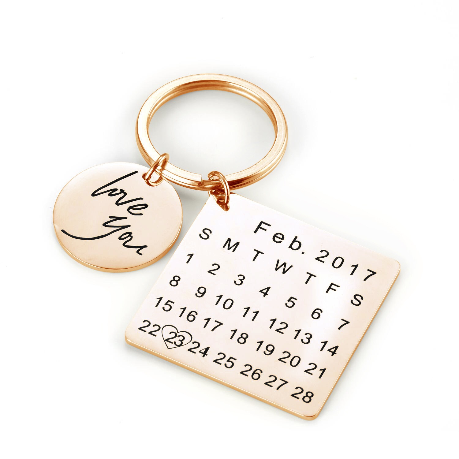 Engraved stainless steel keychain with a birthstone and a heart accent — Rose Gold Tone