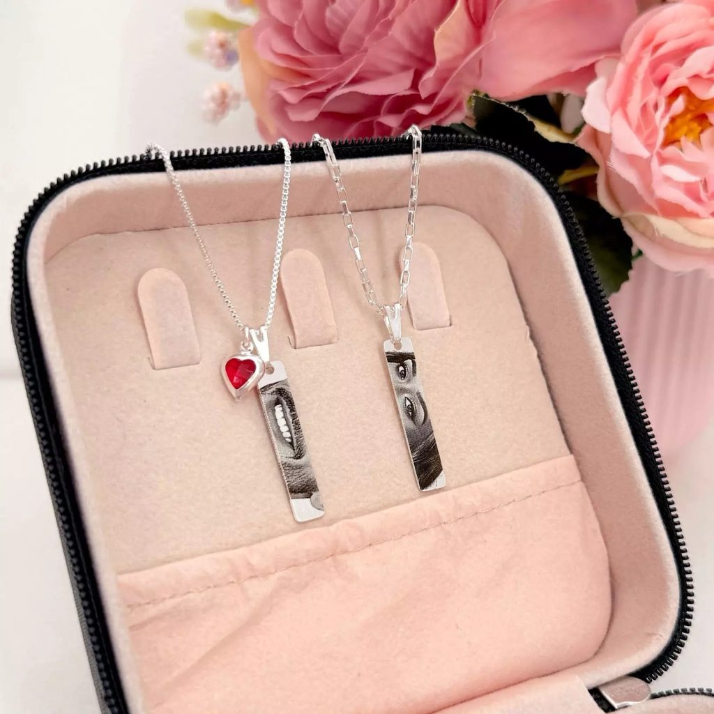 Personalized photo pendant necklace with rectangular charm and heart-shaped accent