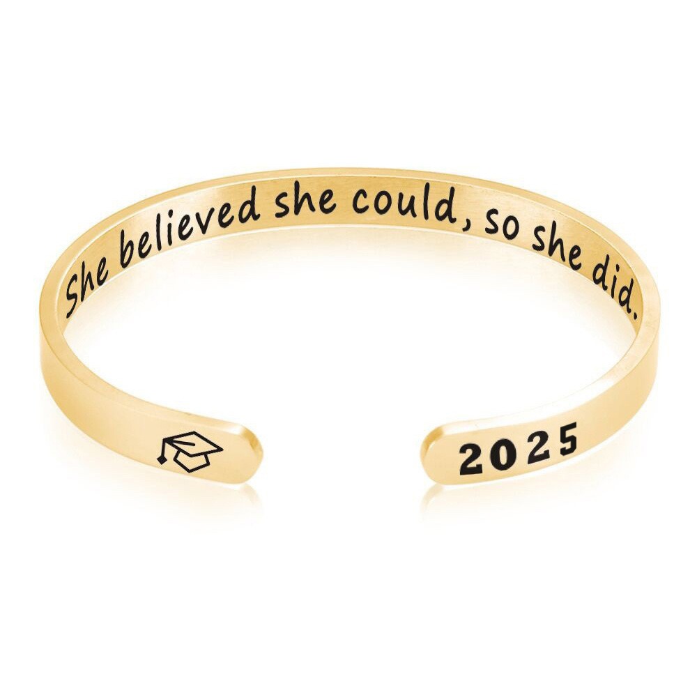 Stainless steel open cuff bracelet engraved with a name and a single birthstone