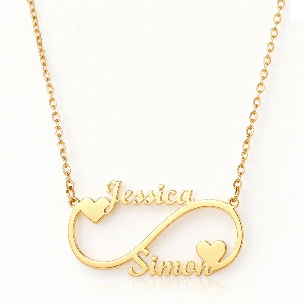 Open heart infinity pendant necklace with single-line engraving and tiny birthstone accent on a stainless steel O-link chain