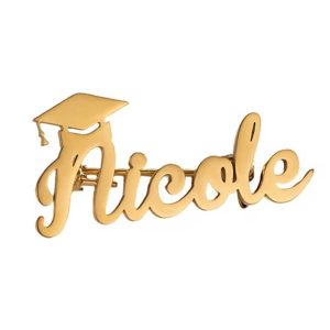 Stainless steel graduation cap brooch with custom name engraving and a birthstone accent — Gold Tone