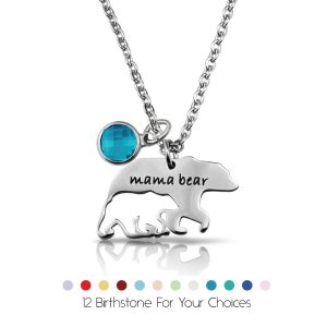 Hollow mama bear pendant necklace in stainless steel with a custom engraved name and birthstone accent
