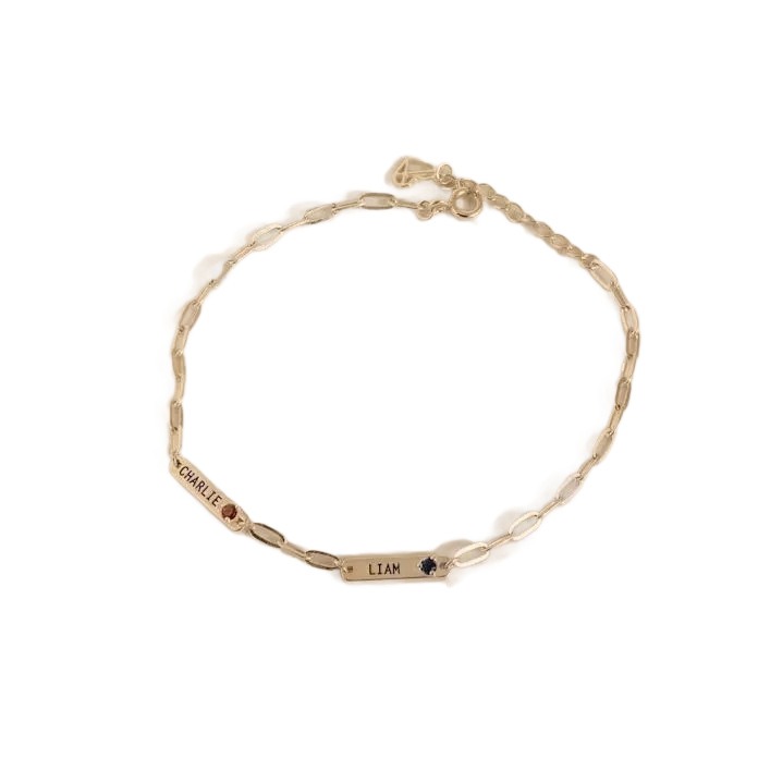 Stainless steel name bar bracelet with birthstone and single-line engraving