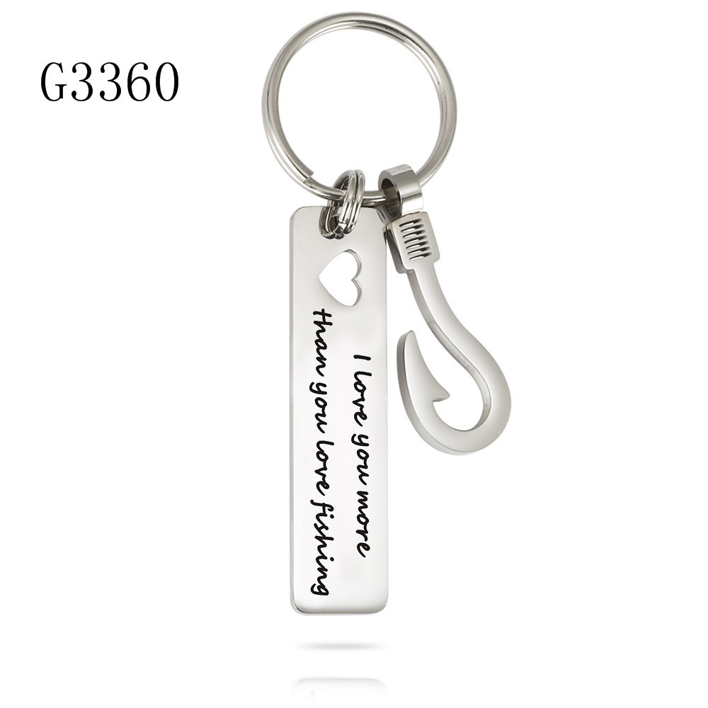 Stainless steel fish hook keychain with a rectangular hollow heart and an engraved name