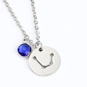 Stainless steel zodiac constellation necklace with an engraved name and a single birthstone