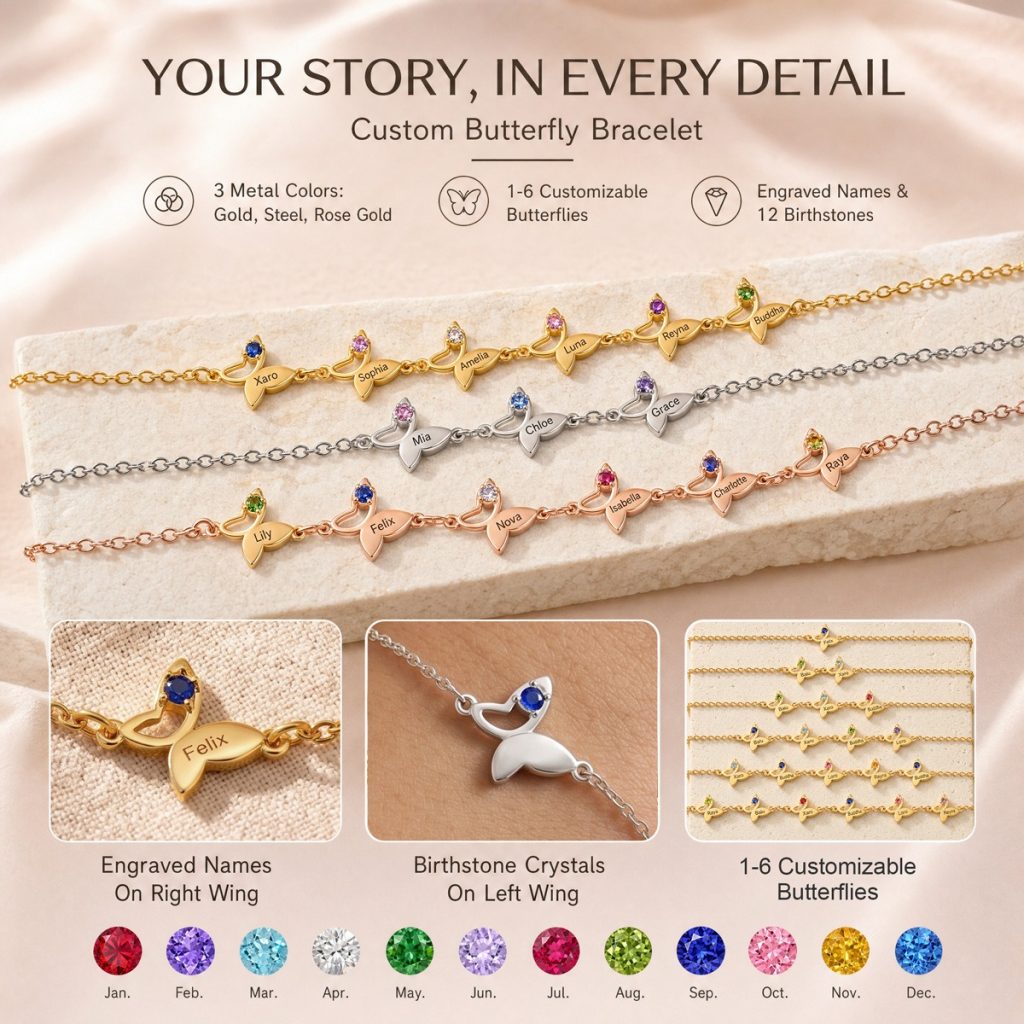 Butterfly bracelet with an engraved name and birthstone accent in gold tone