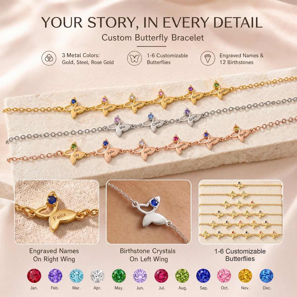 Butterfly bracelet with an engraved name and birthstone accent in gold tone