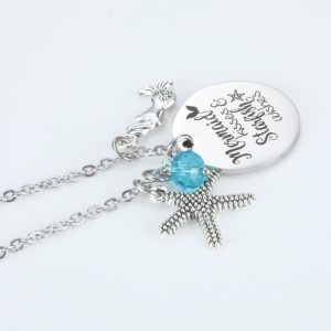 Stainless steel mermaid necklace with a custom engraved name and birthstone accent