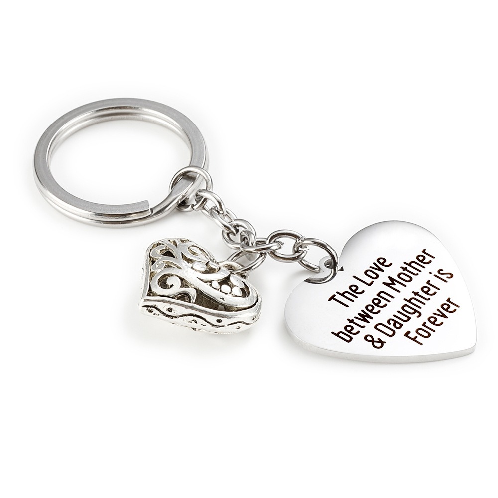 Stainless steel engraved name keychain with an alloy heart charm and birthstone accent