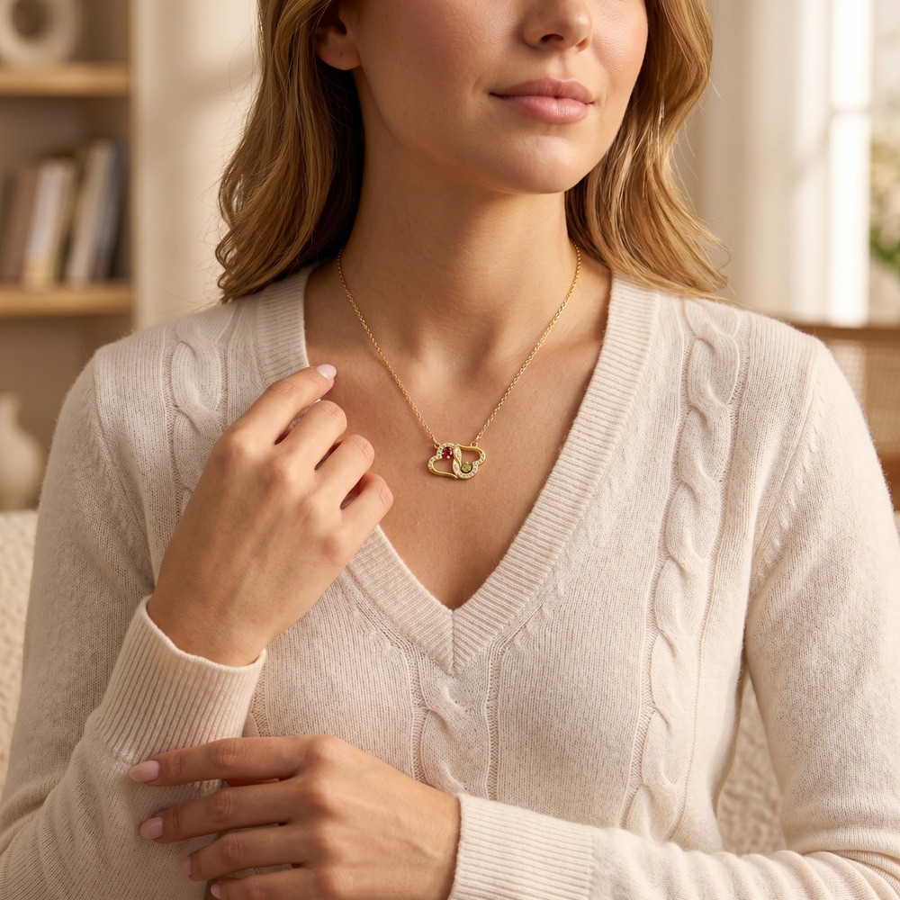 Two interlocking heart name necklace with a birthstone accent on a cross chain