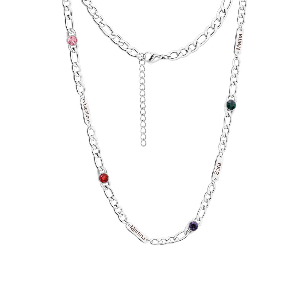 Stainless steel Cuban link necklace with a custom engraved name bar and a single birthstone charm