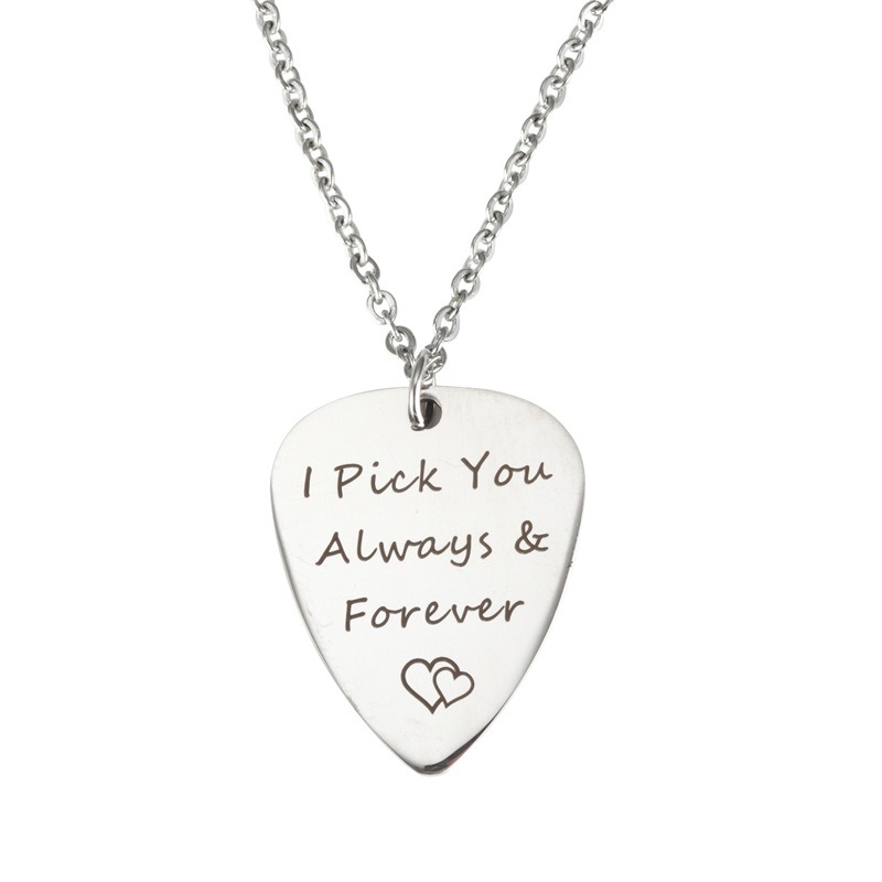 Stainless steel guitar pick necklace engraved with a name and a birthstone accent
