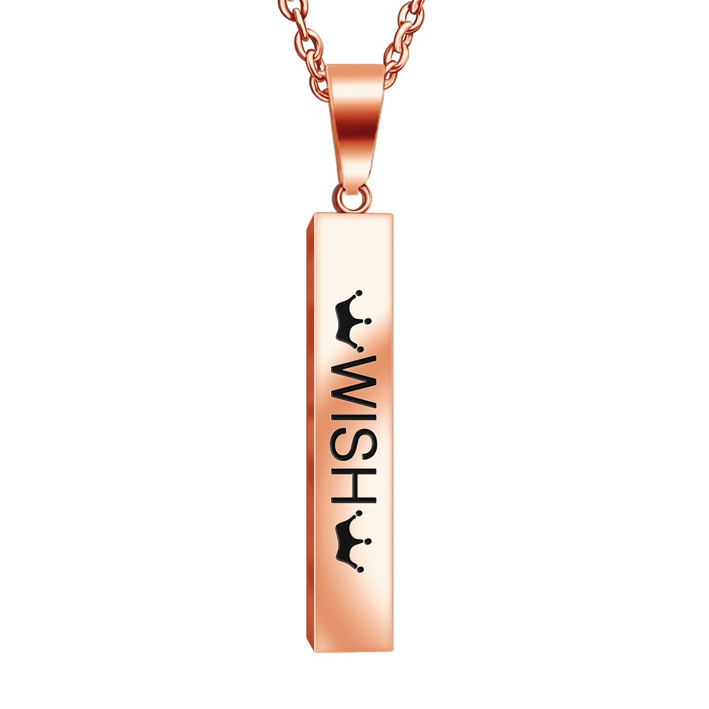 Vertical stainless steel bar necklace with custom single line engraving and optional birthstone, shown in gold tone