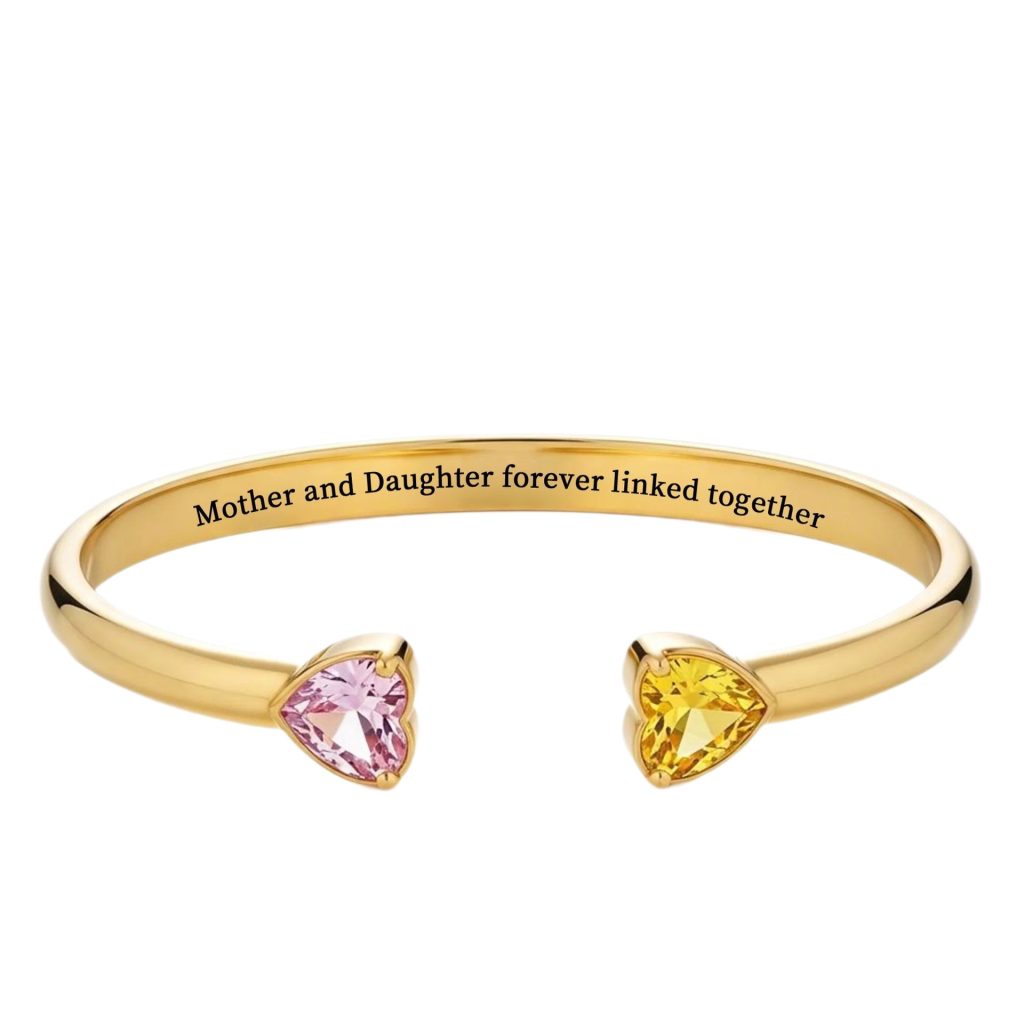 Two-tone heart cuff bracelet with engraving and birthstone accent