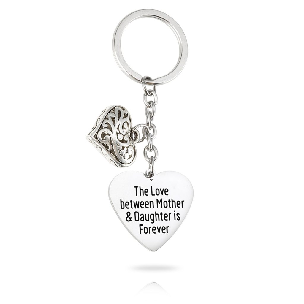 Stainless steel engraved name keychain with an alloy heart charm and birthstone accent