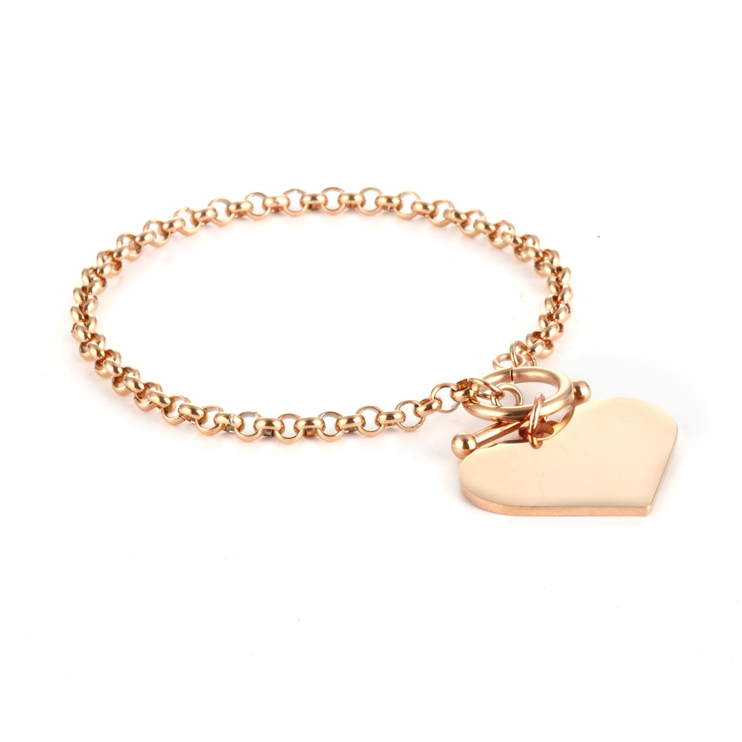 Double sided photo heart bracelet with engraved message in rose gold