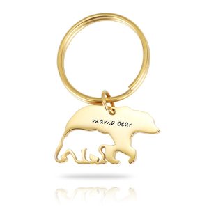 Stainless steel bear mom keychain with a single-line engraving and a birthstone accent
