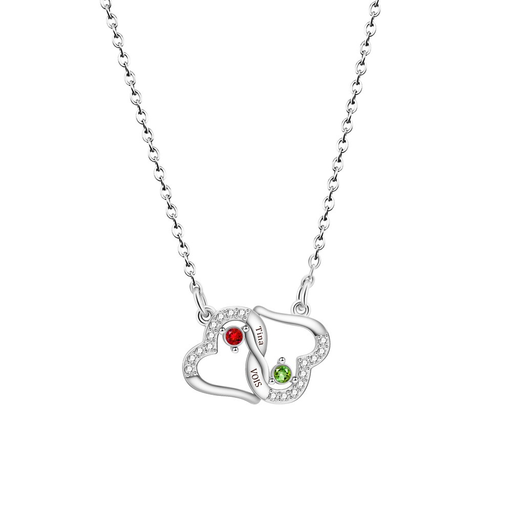 Two interlocking heart name necklace with a birthstone accent on a cross chain — Silver Tone