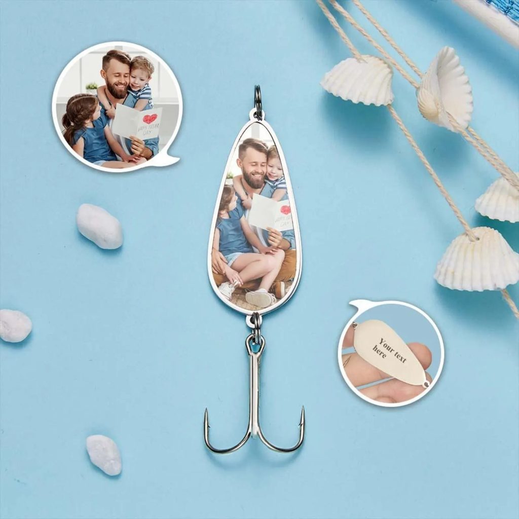 Stainless steel photo fishing hook pendant with custom photo frame and optional engraved back