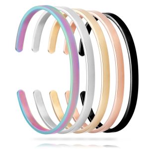 Polished stainless steel open cuff bracelet engraved with a name and accented with a birthstone