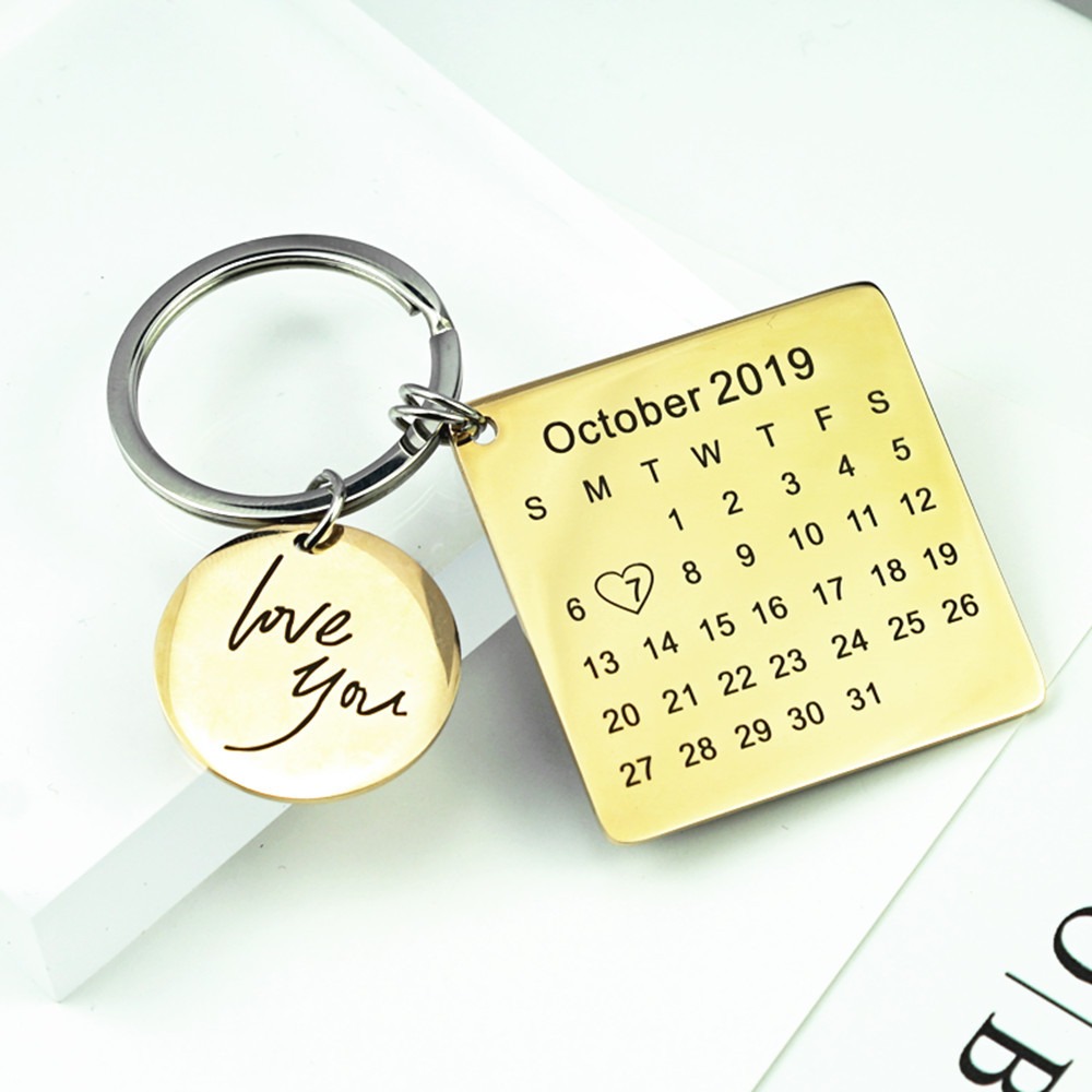 Engraved stainless steel keychain with a birthstone and a heart accent