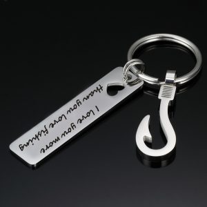 Stainless steel fish hook keychain with a rectangular hollow heart and an engraved name