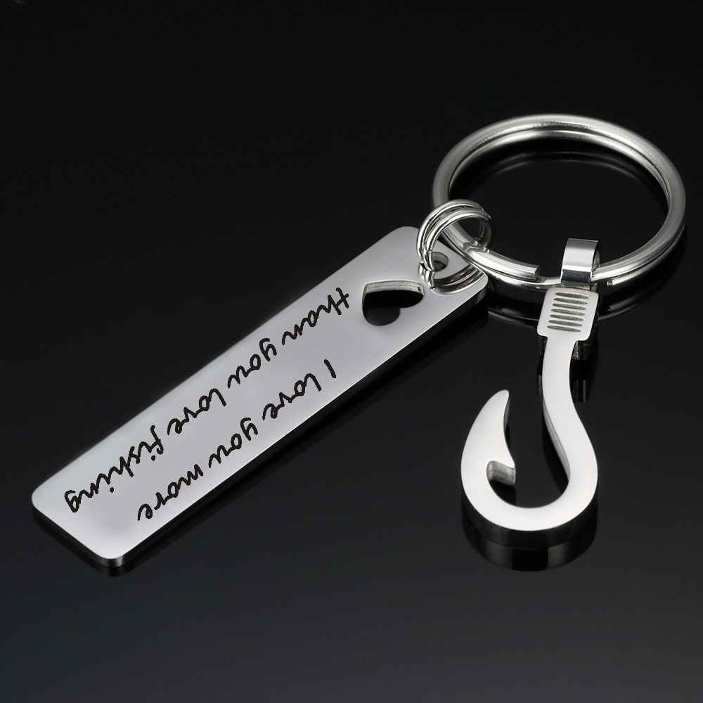 Stainless steel fish hook keychain with a rectangular hollow heart and an engraved name